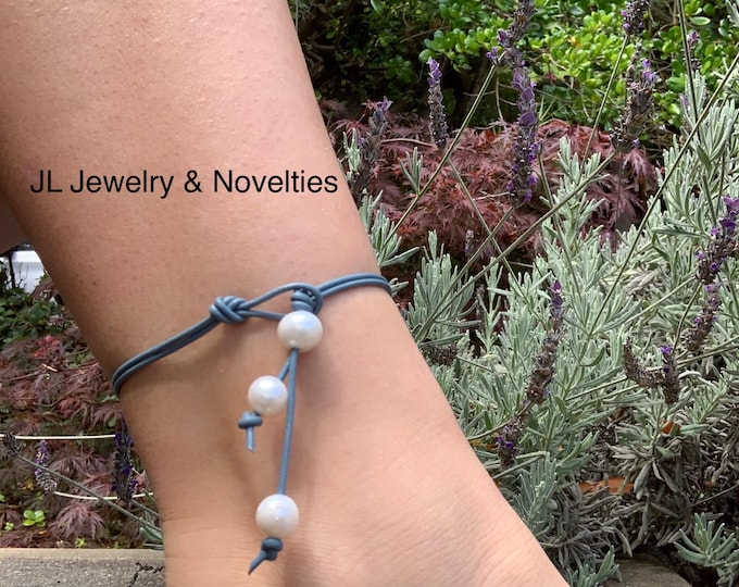 Leather Pearl Anklet, Double Stranded Pearl Ankle Bracelet, Dangling Pearls, Birthday Gift, June Birthstone, Affordable Gift, Gift For Her