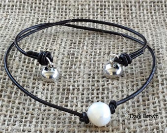 Leather Pearl Necklace, Magnetic Clasp, Real Pearl Leather Choker, Birthday Gift, June Birthstone, Affordable Gift, Gift For Her