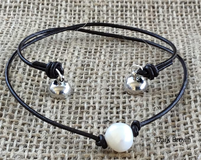 Leather Pearl Necklace, Magnetic Clasp, Real Pearl Leather Choker, Birthday Gift, June Birthstone, Affordable Gift, Gift For Her