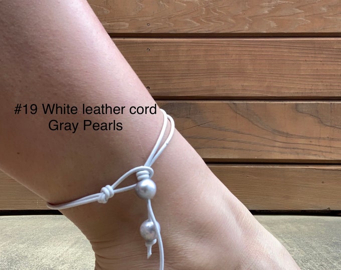 Leather Pearl Anklet, Gray Pearls, Double Stranded Pearl Ankle Bracelet, Dangling Pearls, Birthday Gift, Gift For Her