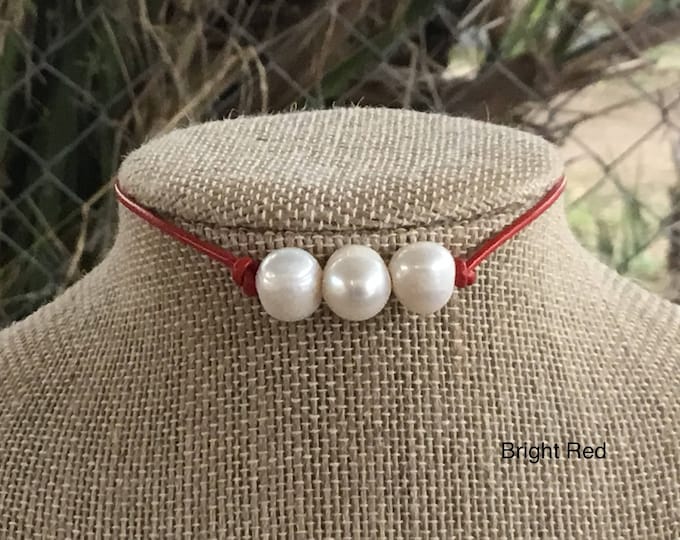 Leather Pearl Choker, Bright Red Leather, Triple Pearl Necklace, June Birthstone, Boho, Affordable Christmas Gift, Gift For Her