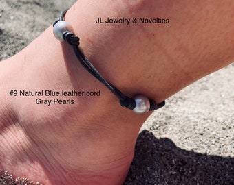 Leather Pearl Anklet, Double Stranded Pearl Ankle Bracelet, Four(4) Gray Pearl Ankle Bracelet, Birthday Gift, Gift For Her