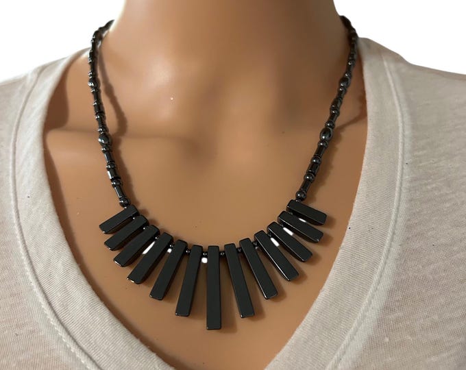 Vintage Hand Made Hematite Stone Statement Necklace
