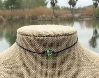 Swarovski Crystal Choker, Peridot Crystal Bead, August Birthstone, Leather and Crystal Bead Choker Necklace, Organza Bag, Free Shipping