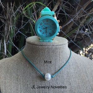 Leather Pearl Necklace, Geneva Watch, Mint Leather Pearl Choker, Choker and Watch Set, Affordable Gift, Birthday Gift, Gift For Her