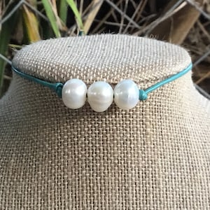 Leather Pearl Choker, Triple Pearl Mint Necklace, Real Pearl Necklace, Boho, June Birthstone, Affordable Christmas Gift, Gift For Her