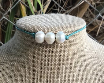 Leather Pearl Choker, Triple Pearl Mint Necklace, Real Pearl Necklace, Boho, June Birthstone, Affordable Christmas Gift, Gift For Her