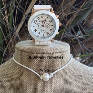 Leather Pearl Necklace, White Leather Pearl Choker, Geneva Watch, Affordable Christmas Gift, Gift For Her
