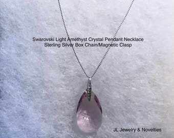 Swarovski Light Amethyst Crystal Necklace, June birthstone, Sterling Silver Box Chain/Magnetic Clasp, Organza Bag,, Free Shipping