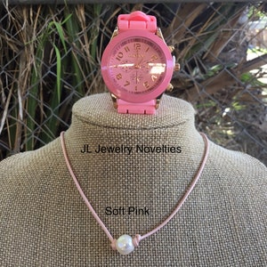 Leather Pearl Necklace, Geneva Watch, Choker and Watch Set, Soft Pink Leather Pearl Choker, Affordable Gift, June Birthstone, Gift For Her