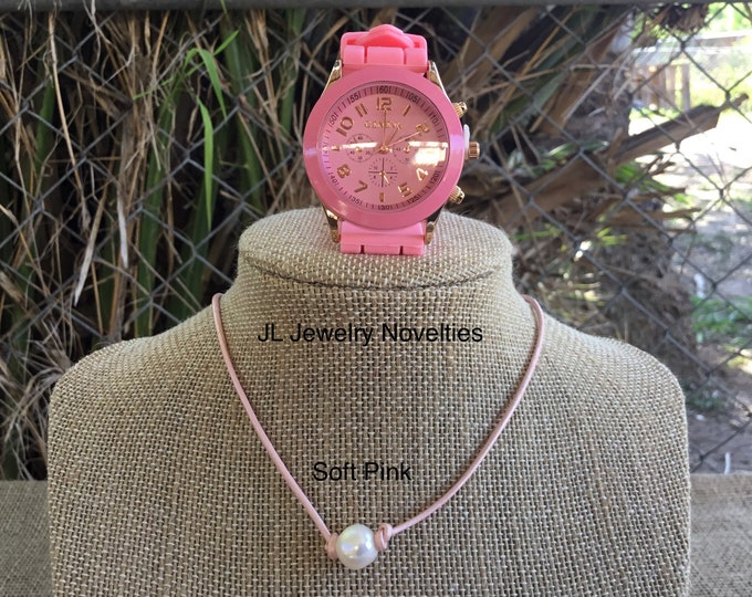 Leather Pearl Necklace, Geneva Watch, Choker and Watch Set, Soft Pink Leather Pearl Choker, Affordable Gift, June Birthstone, Gift For Her