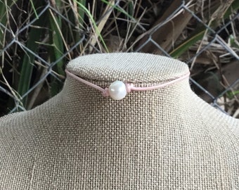 Leather Pearl Choker, Soft Pink Leather Pearl Necklace, Real Pearl Choker, June Birthstone, Affordable Gift, Boho, Gift For Her