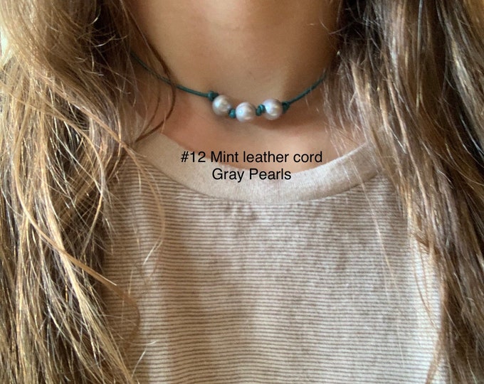 Leather Pearl Choker, Triple Gray Pearl Leather Necklace, Knotted Leather Choker, Boho, Affordable Gift, Gift For Her