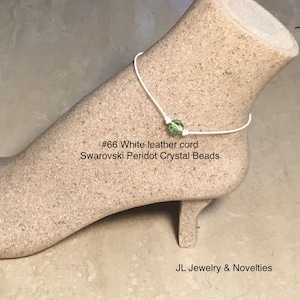 Swarovski Crystal Anklet, Peridot Crystal Beads, August Birthstone, Leather and Crystal Bead Anklet, Organza Bag, Free Shipping