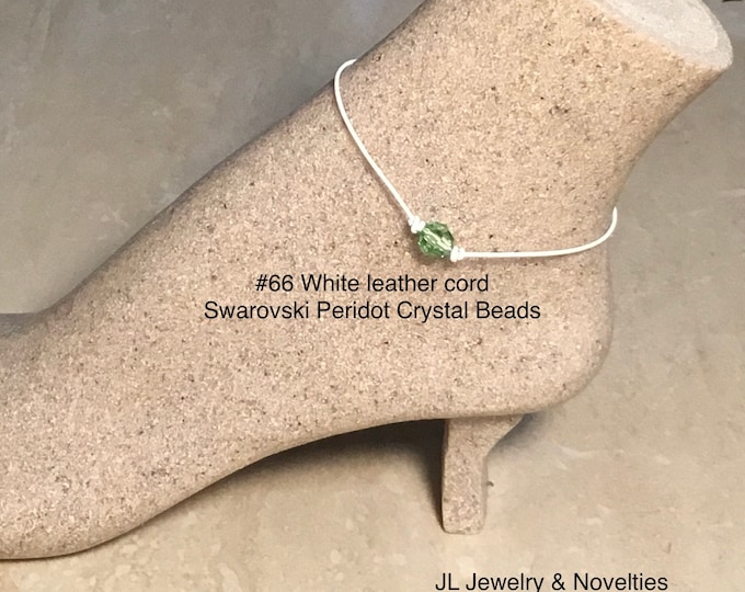 Swarovski Crystal Anklet, Peridot Crystal Beads, August Birthstone, Leather and Crystal Bead Anklet, Organza Bag, Free Shipping