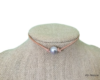 Leather Pearl Necklace, 2mm Leather Cord, Single Gray Pearl Choker Necklace,Real Pearl Necklace,Gray Pearls, Affordable Gift, Gift For Her