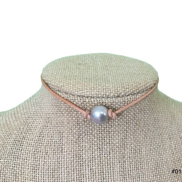 Leather Pearl Necklace, 2mm Leather Cord, Single Gray Pearl Choker Necklace,Real Pearl Necklace,Gray Pearls, Affordable Gift, Gift For Her