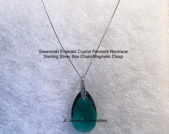 Swarovski Emerald Crystal Necklace, May birthstone, Sterling Silver Box Chain/Magnetic Clasp, Organza Bag, Free Shipping