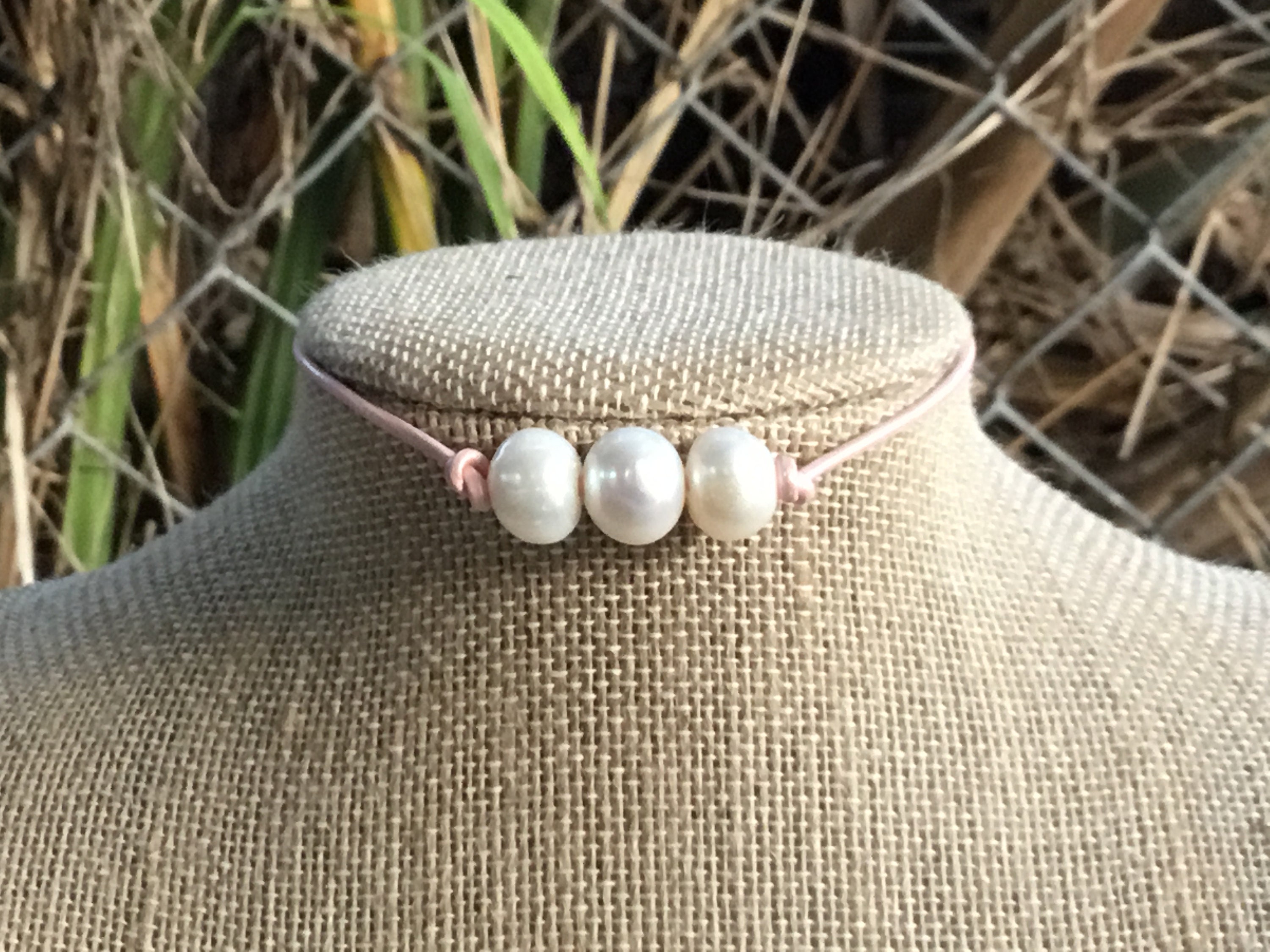 Leather pearl necklace,, 2mm leather cord, Single white pearl