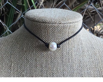 Leather Pearl Necklace, Single Pearl Choker Necklace, Real Pearl Necklace, June Birthstone, Affordable Gift, Gift For Her