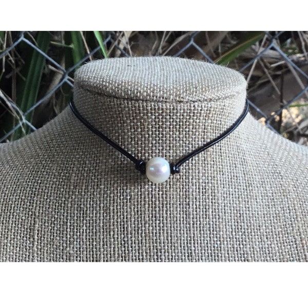 Leather Pearl Necklace, Single Pearl Choker Necklace, Real Pearl Necklace, June Birthstone, Affordable Gift, Gift For Her