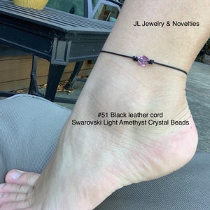 Swarovski Crystal Anklet, Light Amethyst Crystal Beads, June Birthstone, Leather and Crystal Bead Anklet, Organza Bag, Free Shipping