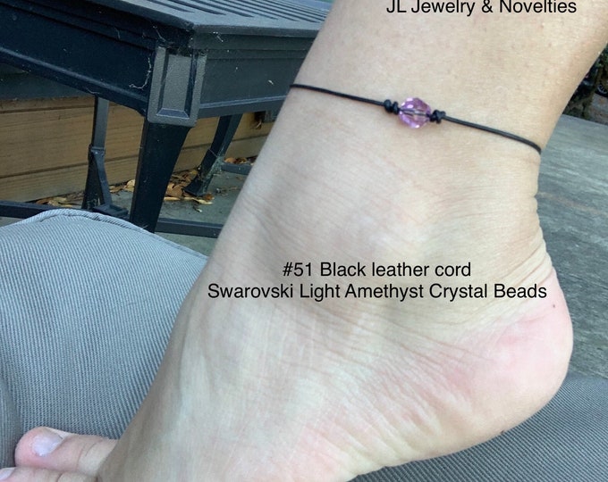 Swarovski Crystal Anklet, Light Amethyst Crystal Beads, June Birthstone, Leather and Crystal Bead Anklet, Organza Bag, Free Shipping