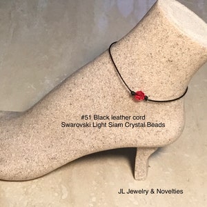 Swarovski Crystal Anklet, Light Siam Crystal Beads, July Birthstone, Leather and Crystal Bead Anklet, Organza Bag, Free Shipping