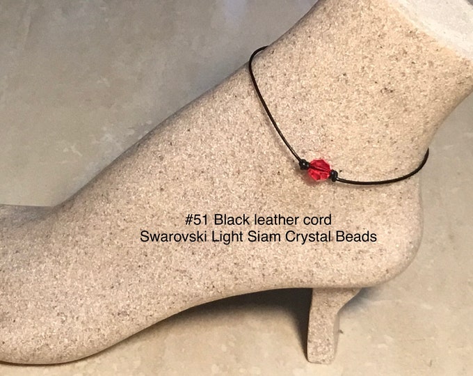 Swarovski Crystal Anklet, Light Siam Crystal Beads, July Birthstone, Leather and Crystal Bead Anklet, Organza Bag, Free Shipping