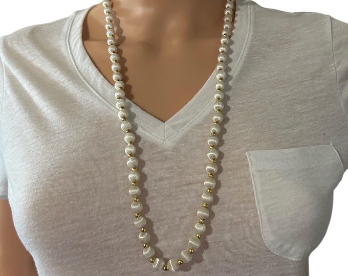 Vintage Silky Ivory Beads with Gold Tone Long Necklace