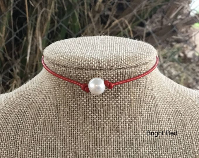 Leather Pearl Choker, Red Choker, Leather Necklace, Sterling Silver, June Birthstone, Adjustable Pearl Necklace, Organza Bag, Free Shipping