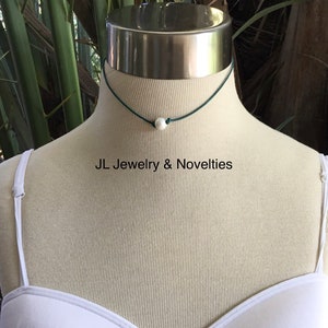 Leather Pearl Choker, Mint Leather Pearl Necklace, Sterling Silver chain, June Birthstone, Organza Bag, Free Shipping, Gift For Her