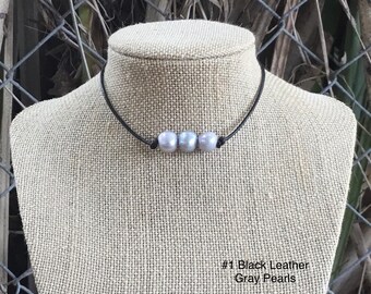 Leather Pearl Choker Necklace, Triple Gray Pearl Choker, Boho, Affordable Christmas Gift, Gift For Her