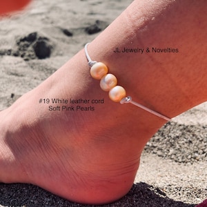 Leather Pearl Anklet, Soft Pink  Pearl Ankle Bracelet, Triple Pearl Anklet, Boho, Birthday Gift, Affordable Gift, Gift For Her