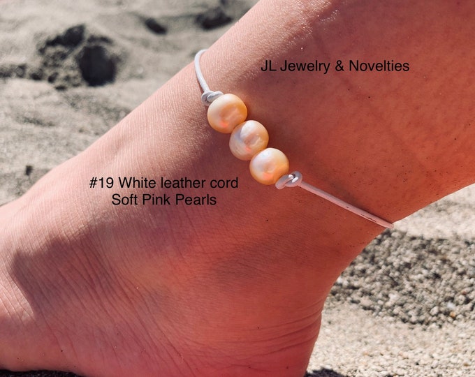 Leather Pearl Anklet, Soft Pink  Pearl Ankle Bracelet, Triple Pearl Anklet, Boho, Birthday Gift, Affordable Gift, Gift For Her