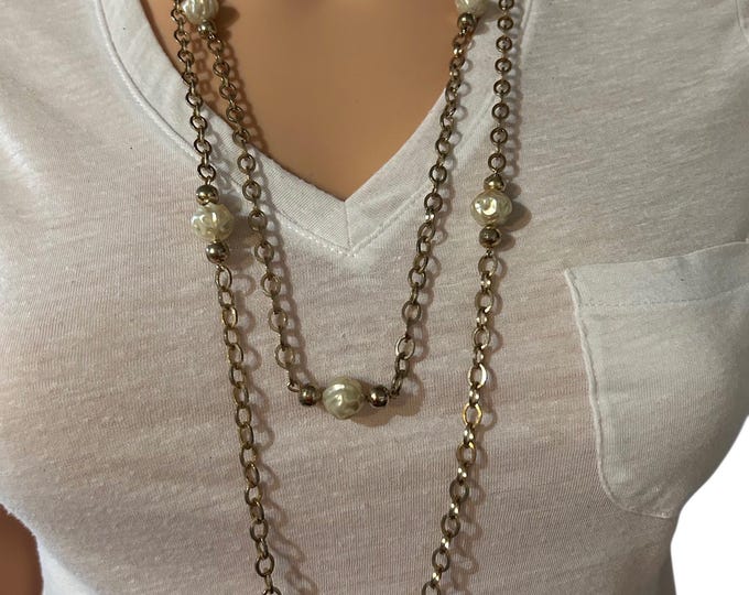 Vintage Gold Tone Faux Baroque Pearls Long Necklace