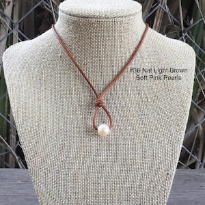 Leather Pearl Necklace, Soft Pink Pearl Necklace, 2mm Leather Necklace, Single Pearl Necklace, Boho, Affordable Gift,  Gift For Her