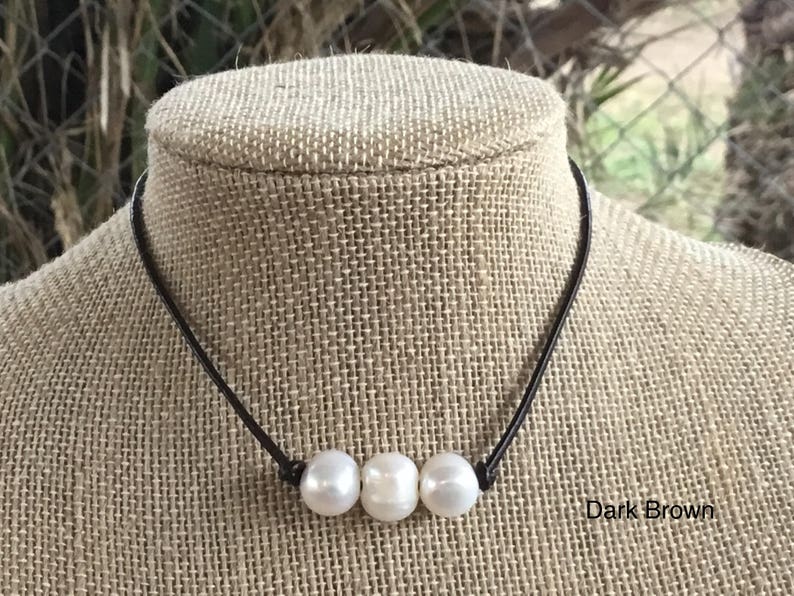 Leather Pearl Choker Dark Brown Leather Triple Pearl Etsy