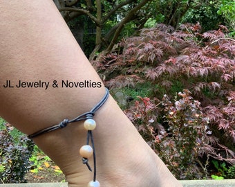 Leather Pearl Anklet, Soft Pink Pearls, Double Stranded Pearl Ankle Bracelet, Dangling Pearls, Birthday Gift, Affordable Gift, Gift For Her
