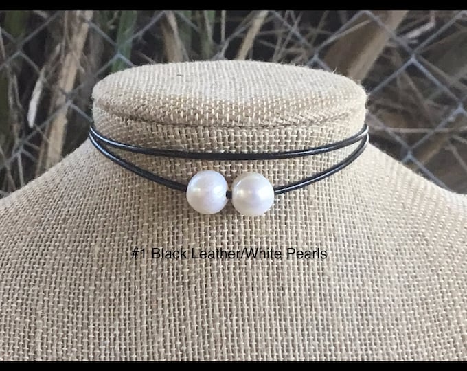 Leather Pearl Choker, Double Stranded Choker, Double Pearl Necklace, Lariat Choker, June Birthstone, Gift For Her