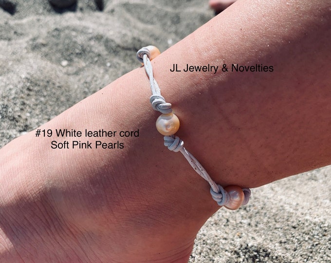 Leather Pearl Anklet, Double Stranded Pearl Ankle Bracelet, Four(4) Pink Pearl Ankle Bracelet, Birthday Gift, Gift For Her