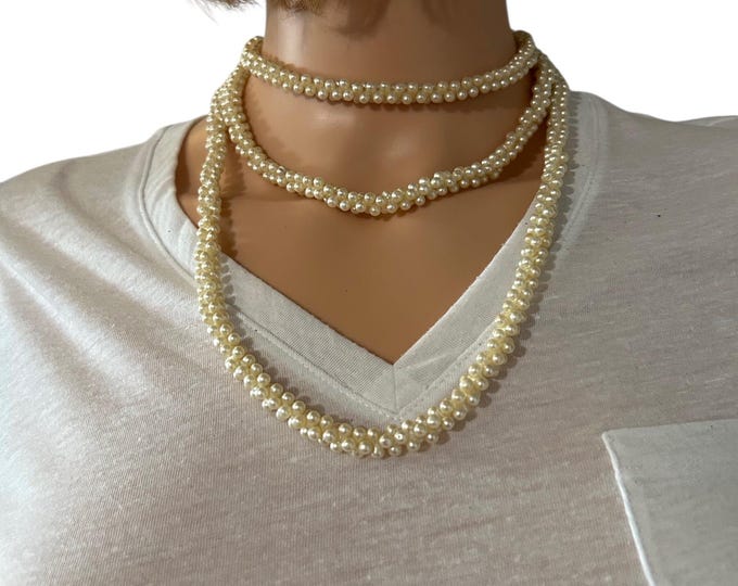 Vintage Faux Beige Pearl Long Necklace