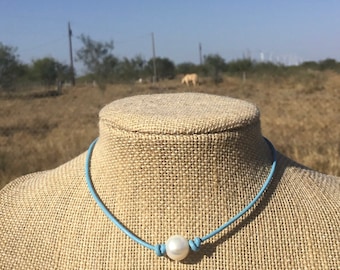 Leather Pearl Choker, Light Blue Leather Necklace, Boho, Real Pearl choker, Affordable Gift, June Birthstone, Gift For Her, Jewelry Box