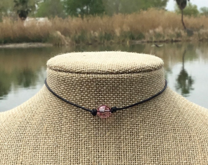 Swarovski Crystal Choker, Light Amethyst Crystal Bead, June Birthstone, Leather and Crystal Bead Choker Necklace, Organza Bag, Free Shipping