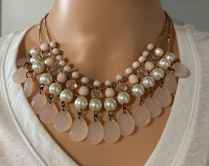Gold Tone Faux Pearl and Soft Pink Bead Statement Necklace