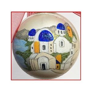Santorini, Greece 2.5” Hand Painted Glass Ball Ornament + FREE Gift Wrap
