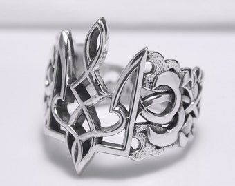 Sterling Silver Ukrainian Trident Ring, Ornament Band, Made in Ukraine