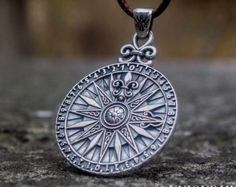 Wind Rose Necklace - Handmade Nautical Compass Jewelry for Sailor Sterling Silver Seaman Pendant with Marine Design