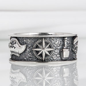 Pirate Compass Sailor Ring, Sterling Silver Seaman Jewelry, Wind Rose Compass Ring, North Star Band, Silver Ocean Ring, Mariner Jewelry