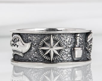 Pirate Compass Sailor Ring, Sterling Silver Seaman Jewelry, Wind Rose Compass Ring, North Star Band, Silver Ocean Ring, Mariner Jewelry